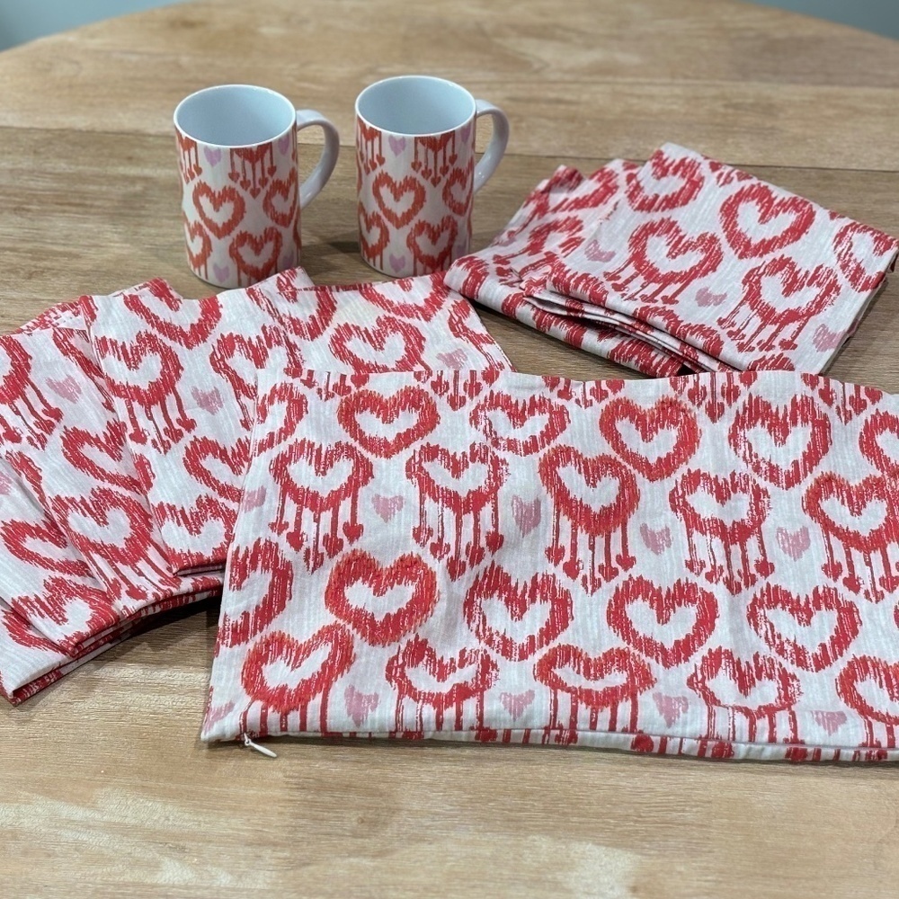 Pottery Barn Heart Ikat Valentine's Set, Tea Towels, Cups, Pillow Cover, Mattes